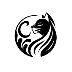 Elegant Black Cat Logo Design in Circle, Tribal Style
