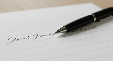 Elegant Handwriting with Pen and Paper - Close-up shot of a black pen resting on lined paper with elegant cursive handwriting