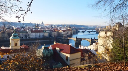 Obraz premium Panoramic view of European city by a river.