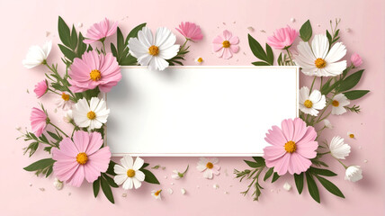 Pink and White Floral Frame with Blank Card on Soft Background – Spring Greeting Template