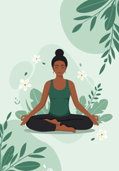 Calm woman meditating in a yoga pose surrounded by leaves and flowers for mindfulness and wellness concept copy space