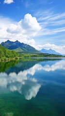 Naklejka premium Majestic mountains and blue sky reflected in a calm, clear lake surrounded by lush greenery and scenic beauty.