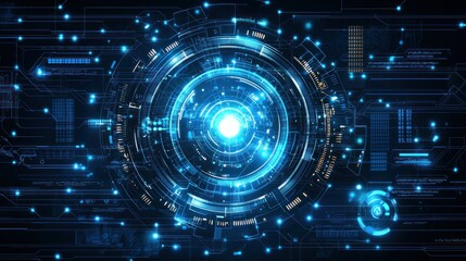 Futuristic digital circuitry with glowing central hub.  Complex network of interconnected circuits and glowing blue energy, creating a high-tech, sophisticated visual