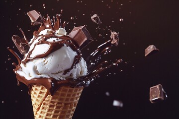 Chocolate ice cream with milk and chocolate pieces, chocolate melting around the cone, hyper-realistic, dark brown background, white waffle cone