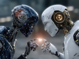 Fototapeta premium Collaboration between AI-driven robots enhances creative problem-solving and logical prediction capabilities