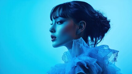 Blue Hue Portrait: A Serene Woman in Lace