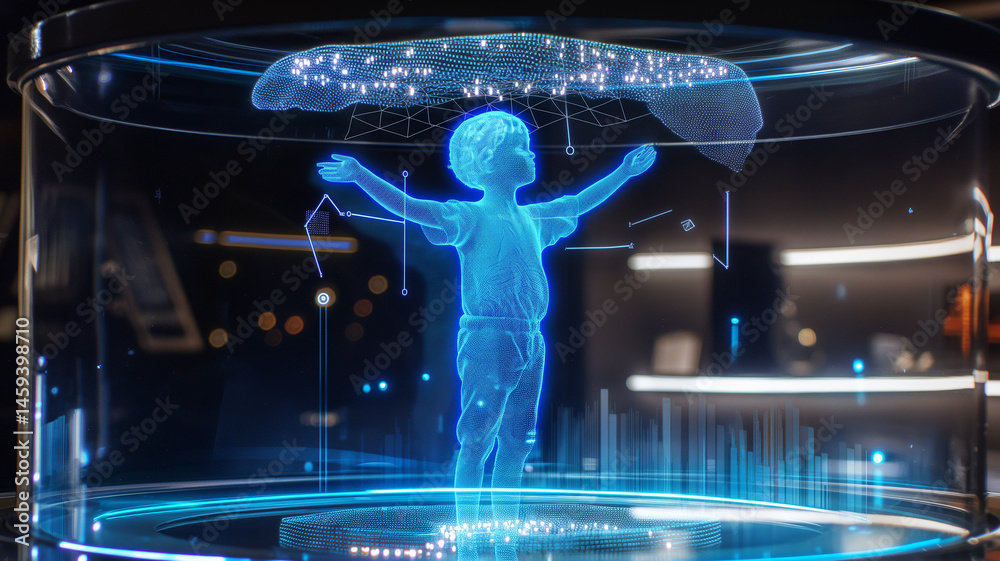 Poster This child is in a transparent container, surrounded by glowing data and AI graphics.