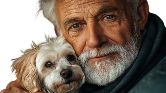 Elderly man with a small white dog in front of chest, facing camera, waist-up