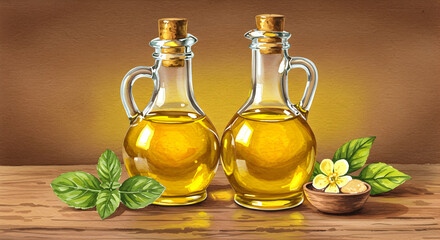 Two Glass Bottles of Olive Oil with Leaves and Wood Background