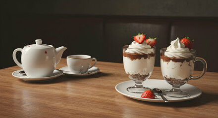 Delicious Dessert with Whipped Cream and Strawberries on Table