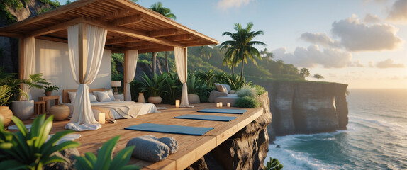Luxurious yoga retreat with bed and ocean view in tropical paradise