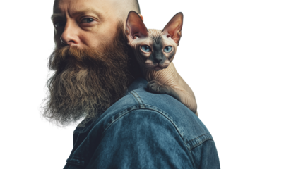 Bearded man with sphynx cat peeking from behind his back, high-res PNG