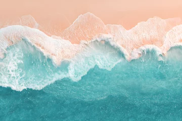 Selbstklebende Fototapeten Ocean Waves and Shoreline: Aerial view of the turquoise ocean waves meeting the sun-kissed beach, creating a harmonious blend of textures and colors. © Fadhily