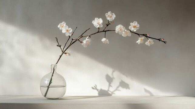 Minimalistic bouget with cherry blossom brahch in glass vase