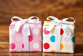 Two polka dot gift boxes tied with white ribbons, sitting side-by-side, pattern, graphic