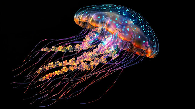 A beautiful bioluminescent jellyfish floating in the dark ocean, with colorful and glowing tentacles.