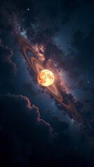 Orange moon near brown ringed planet