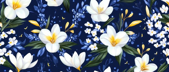 Elegant White Flowers on Midnight Blue: A Seamless Floral Pattern