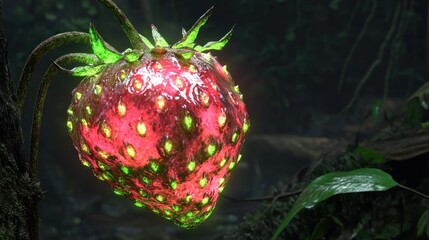 Glowing strawberry in a dark forest