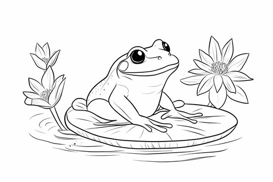 recommend clip art: Frog Sitting on Lily Pad with Water Lilies in Black and White Design