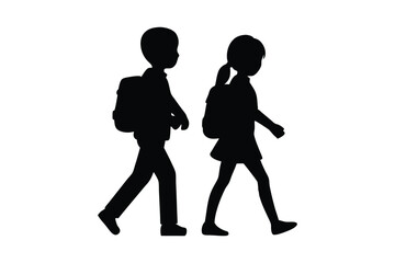 Silhouette art illustration of a boy and a girl walking side by side with backpacks.eps