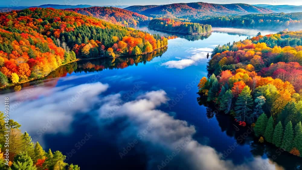 Poster Autumn Serenity A Breathtaking Aerial View of Colorful Trees Reflected in a Pristine Lake