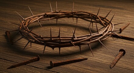 A crown of thorns and nails resting on a wooden surface in a dimly lit and somber setting image