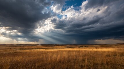 Fototapeta premium Storm clouds loom over prairie as golden light pierces through, nature's dramatic contrast unfolds 