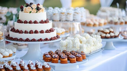 Elegant three tier wedding cake with cupcakes and pastries