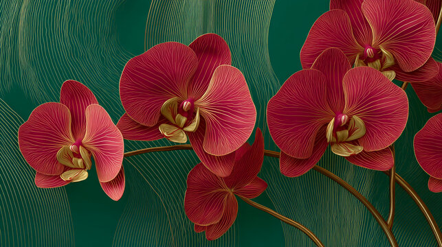 Close-up of red orchids with gold detailing on a dark green background, creating an elegant and luxurious aesthetic, ideal for interior design or branding