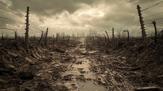 No mans land between trenches features barbed wire, craters, and debris under a cloudy sky