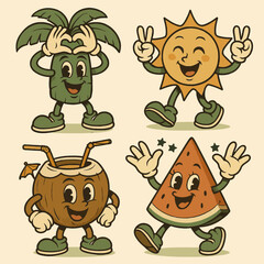 Fototapeta premium Retro Cartoon Tropical Fruit Characters Illustration for Summer Fun