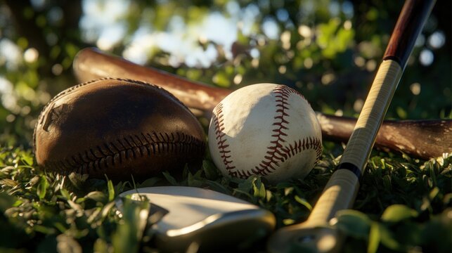 Vintage baseball equipment on grass