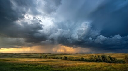 Obraz premium Storm clouds loom over prairie as golden light pierces through, nature's dramatic contrast unfolds 