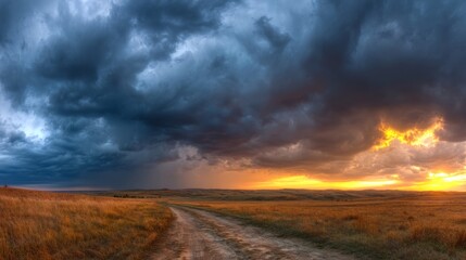 Storm clouds loom over prairie as golden light pierces through, nature's dramatic contrast unfolds
