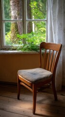 Obraz premium Interior View of Wooden Chair by Window with Forest Scene and Sheer Curtain Light Wood Flooring
