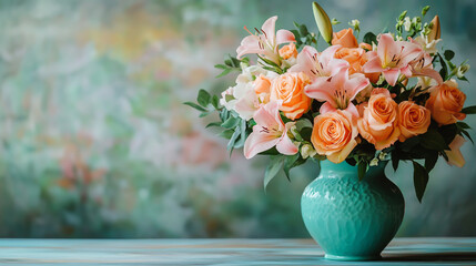 A beautiful bouquet of peach and orange roses, pink lilies, and green leaves in an elegant turquoise vase on the table, with a blurred background.