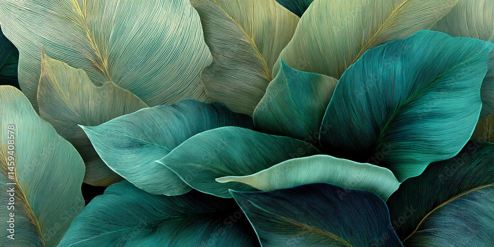 Poster Close-up of teal and green leaf texture, showing intricate veining, creating a lush and vibrant appearance, symbolizing nature, serenity, and growth
