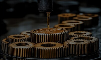 Lubricant being poured onto a collection of metal gears.  Detailed view of the gears and the pouring process