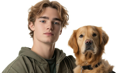 Portrait of a young man with his golden retriever, both facing camera, clean white background, PNG