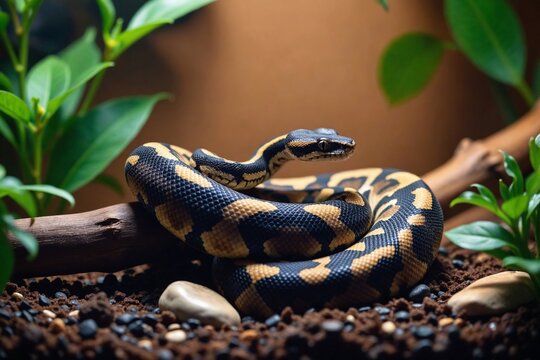 Serene Ball Python Resting on Branch in Bioactive Terrarium Setup with Lush Greenery and Earthy Substrate, Exotic Pet Snake Environment