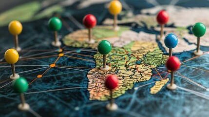 Global communication network map with colorful pins