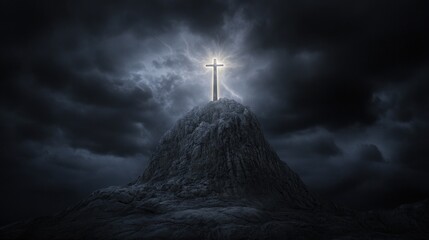 Glowing cross on stormy mountaintop faith hope religion