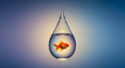 A goldfish swimming inside a glass teardrop shaped container against a gradient background