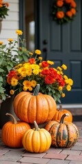 Autumn door decorations with pumpkins and flowers