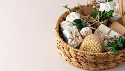 A rustic wicker basket overflowing with an assortment of colorful artisanal soaps, fragrant candles, and natural bath accessories, creating a cozy, inviting display.