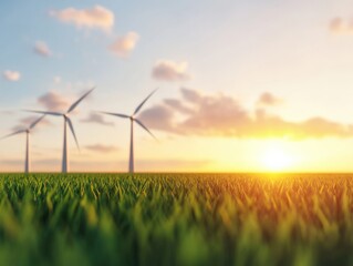 Wind turbines with sunset and field
