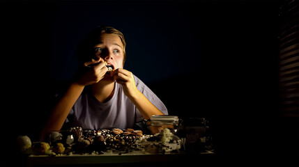 Diet restricts, weight loss, eating disorder. Anorexia and bulimia concept. Obese woman with unhealthy food, mouth closed with measure tape. Food addiction fighting.