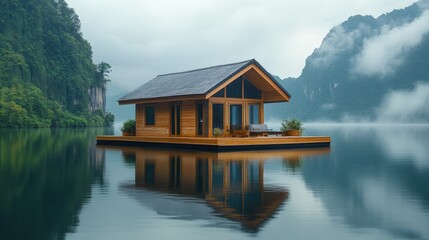 Fototapeta premium Floating wooden cabin on a tranquil lake surrounded by mountains.