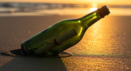 A green bottle with a message inside lying on a sandy beach at sunset with ocean water nearby